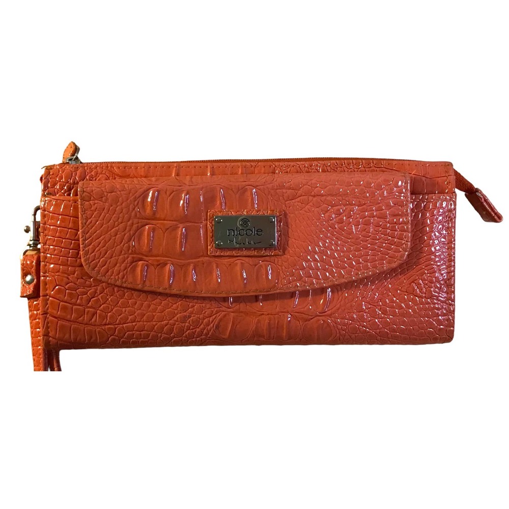 Nicole Miller Orange Patent Embossed Wristlet Wallet